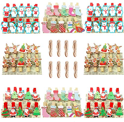 80Stück Mini Dekoklammern Weihnachten Wäscheklammern Holzklammern Weihnachten Weihnachtsdeko Klammern Clips Holzklammern mit Juteschnur Mini Klammern Wäscheklammern Fotoklammern Zierklammern