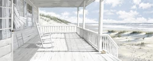 STYLER Leinwandbild House on the Beach 60 x 150 cm I Veranda am Strand mit Meerblick I Helles Panorama Wandbild Küste & Meer I Natürlicher Leinwanddruck I Wanddeko Wohnzimmer XXL