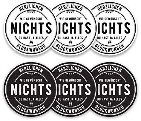 PICTALOO Etikett Nichts – du hast ja Alles, witziges Geschenk zum Geburtstag, für Männer und Frauen, lustige Idee zum Verzieren von Kleinigkeiten, selbstklebend, rund (Sixpack Mix)