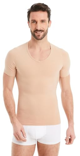 FINN Maglia Dimagrante Uomo con Scollo a V - Canottiera Snellente a Maniche Corte in Cotone - Camicia compressiva Body Shaper per Una Pancia più Piatta Color Pelle 3XL