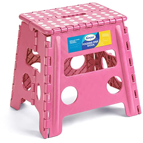 Korpai 13 Folding Step Stool for Adults and Kids Holds Up to 300 lbs,Non-Slip Folding Stools with Portable Handle, Compact Plastic Foldable Step Stool for Bathroom,Bedroom, Kitchen,Pink,1PC