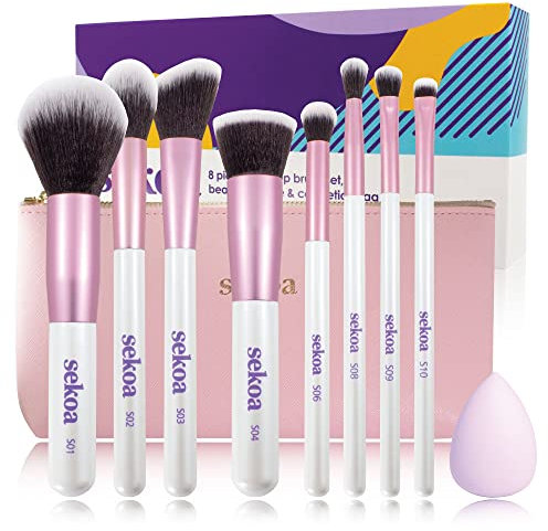 Professional Makeup Brush Set, 8 Piece Vegan Make up Brush Set with Cometic Case & Blending Sponge