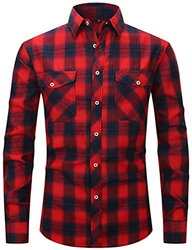PADOLA Flanelle Chemise Homme Chemises Manches Longues à Carreaux Surchemise Bûcheron Automne Hiver Chaud Veste Haut avec Poche Chemise de Travail (M, 0 Rouge)