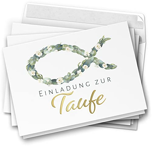10 Einladungskarten Taufe - Motiv Blätterfisch edel - moderne Klappkarten mit Umschlägen - Einladungen zu Taufe Kirche Einladung Karten