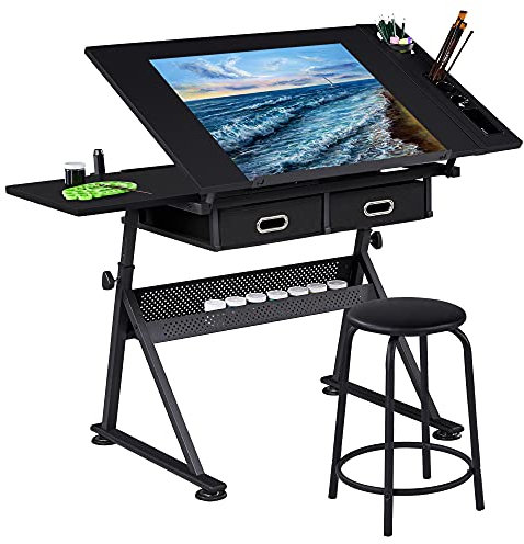 Yaheetech Zeichentisch Architektentisch Höhenverstellbar Arbeitstisch Verstellbarer Tischplatte Schreibtisch Schülerschreibtisch mit Hocker und Schubladen für Techniker Architekten Schwarz