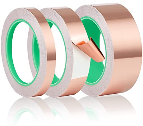 Swpeet Lot de 3 rouleaux de ruban adhésif double face en feuille de cuivre de 3 tailles de 1,2 cm x 20,9 m, 2,5 cm x 10 m pour blindage de guitare, réparations électriques, mise à la terre, soudure
