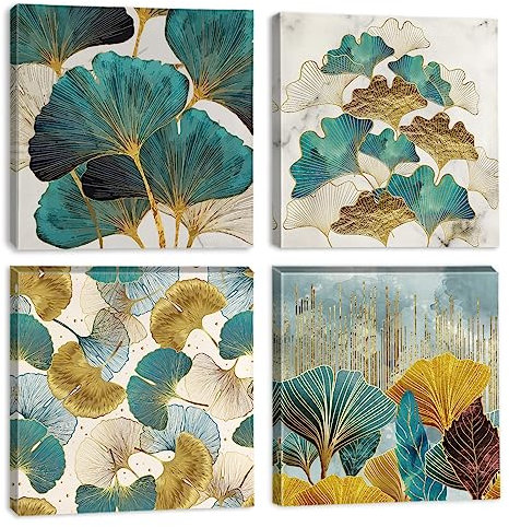 Artscope 4 Teilig Leinwandbilder mit Ginkgo Biloba Blätter Motiv Kunstdruck - Moderne Wandbild für Küche Badezimmer Wohnzimmer Wanddekoration - 30 x 30 cm