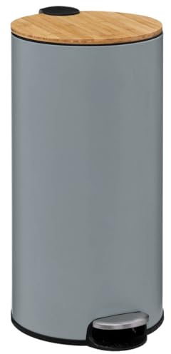 5Five - Cubo de basura de cocina de 30 litros - Gris - Color moderno - Tapa de bambú - Cubo extraíble y asa trasera