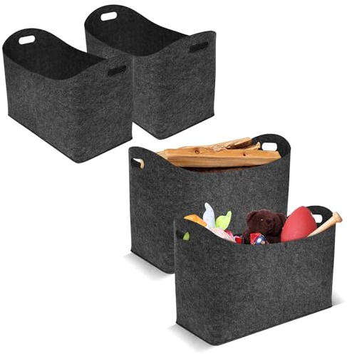 YUENFONG 4 Stück Holzkorb für kaminholz, Filztasche Kaminholzkorb Kaminholztasche, Filz Faltbar Filztasche mit Verstärkter Griff, für Kaminholz Zeitungen, Dunkelgrau