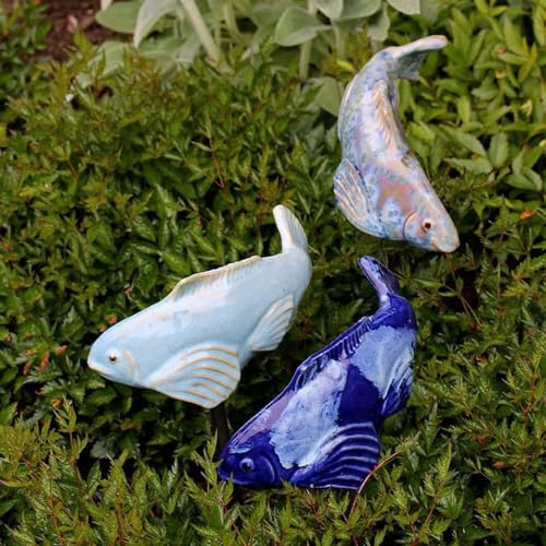Lot de 3 décorations de jardin en résine, statue de poisson koï, décoration de jardin avec piquet, pour jardin, pelouse, étang, terrasse (9)
