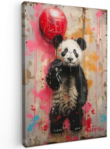 MuchoWow© Leinwandbild Dekoration Wohnzimmer Bilder Pictures Wall | 60x90 cm - Decoration Living Room Wohnungs Deko Moderne Bild Graffiti - Panda - Ballon - Street art - Banksy