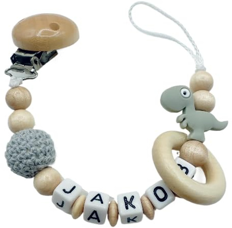 personalisierte Kette mit Namen für Mädchen Jungs Baby Geschenk personalisiert zur Geburt & Taufe Dino Dinosaurier Blau Grau Mint (Grau)