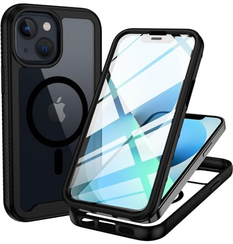 KetteTech Funda Magnética para iPhone 13 Mini Compatible con MagSafe, Carcasa Transparente 360 Grados Protección Completa con Cristal Templado Película Protectora Integrada, Negro