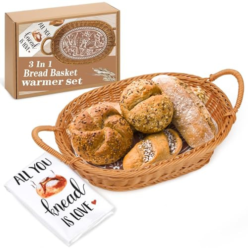 Huray Rayho Bread Basket Warmer Stone -Terracotta Bread Baskets for Serving Muffin and Cornbread Basket Housewarming Gift, Baker's Hostess Gift,Mom Dad Birthday (Ellipse)