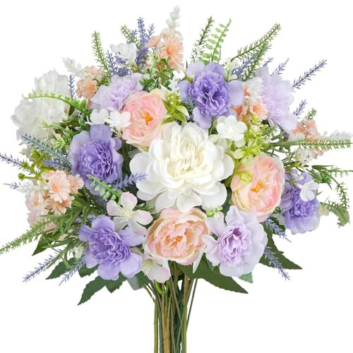 Zythrem Artificial Colorful Flowers Silk Peonies Mix Carnations Daisies Lavenders Bouquet Faux Spring Flowers for Wedding Table Home Garden Hotel Office Grave Floral Arrangement