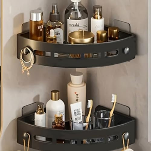 HanYun 2 Stück Duschablage Ohne Bohren, Duschregal Ecke mit HakenBadezimmer Regal Organizer Shower Shelf Organizer für Bad Küche Toilette Shampoo Duschgel Halterung für Dusche (Schwarz)