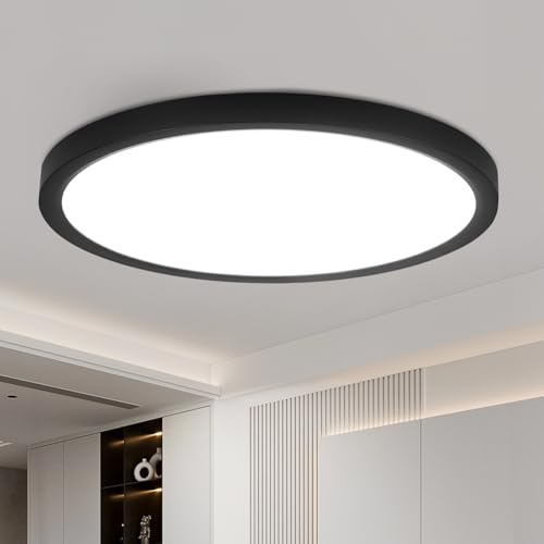 cupgow LED Deckenleuchte Schwarz Kaltweiß Rund 24W Badzimmer Flurlampe 30cm | Deckenlampe Flach Küchenlampe 6000k Schlafzimmerlampe für Küche Büro Bad Flur Balkon Keller Wohnzimmer