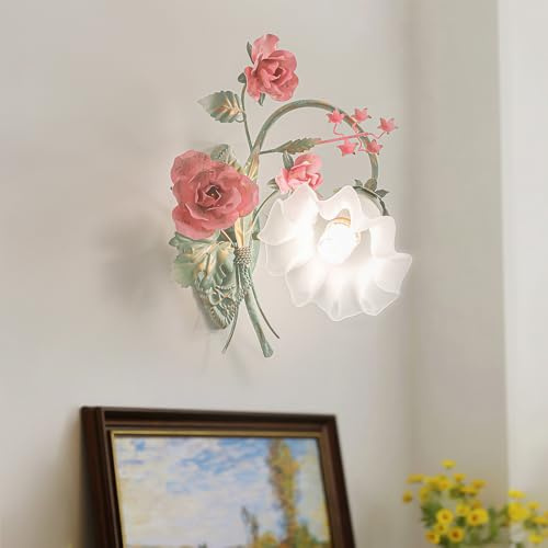 meibeileil Lampada da parete vintage a fiori, in metallo, per interni con paralume in vetro floreale, per camera da letto, corridoio, scale, E27, 40 x 40 cm, sinistra