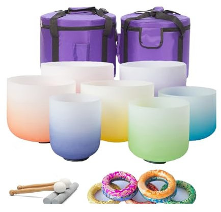 Juego de 7 cuencos tibetanos de cristal de cuarzo de chakra esmerilado de 8-14/6-12 pulgadas for curación del sonido con estuche de viaje y cojín de brocado de seda(432 hz8-14inch 7pcs)