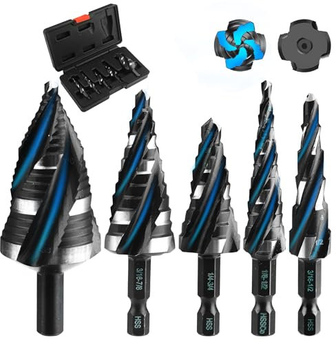 TVWVT Step Drill Bit Set, 5PCS Four Spiral Flute Step Bits for Metal, 50 Sizes Titanium-Coated HSS Drill Bits with 1/4 Hex Shank for Stainless Steel Aluminum Wood Plastic