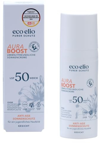 eco elio Gesichts-Sonnencreme LSF 50 – 50 ml | Aura Boost Reiseformat | Sonnenschutz gegen Flecken & Anti-Aging ohne Octocrylen, Duft, Mikroplastik | Öko-tägliche Pflege