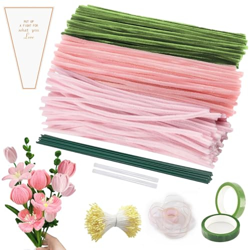 320 Stück Pfeifenputzer zum Basteln, Pfeifenreiniger blumen set, Verdickt Chenilledraht, 370 Blütenstaubblätter, Pfeifenreiniger Grün Rosa mit Blumendraht, Pipe Cleaner Bastelset für DIY Dekorieren.