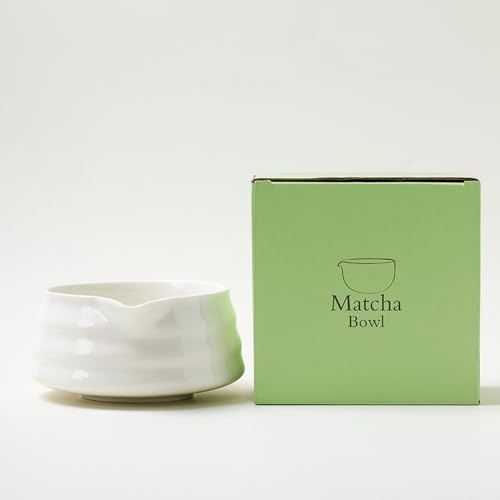 YlobdolY Bol à matcha en céramique traditionnelle fait main avec bec verseur, porcelaine massive émaillée, rayée, bol à remuer le thé japonais avec boîte cadeau