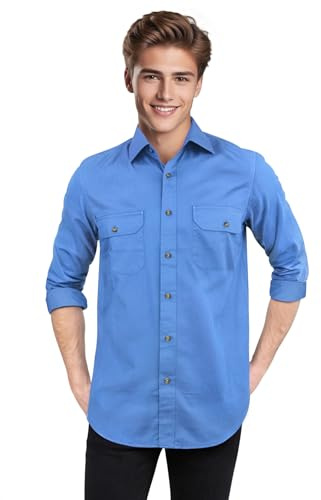 Mens Light Blue Cotton Shirt Full Sleeves Casual Mid Sky Blue Flap Pockets Indiana Jones Spread Collar Office wear (US, Neck Sleeve, 18, 36, 37, Light Blue)