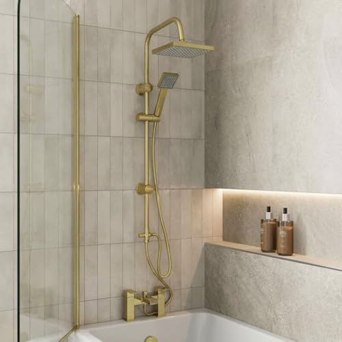 Architeckt® Square Waterfall Bath Shower System Mixer Shower Tap with Modern Square Riser Rail Kit Dual Rainfall Shower Heads Handset, Brushed Brass