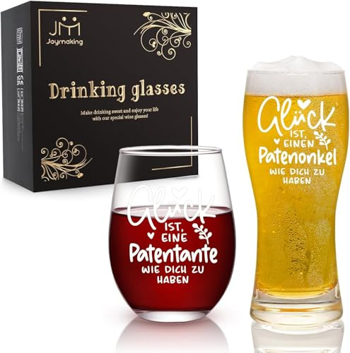 Joymaking Vinglas och ölglas set med gravyr, patentantgåva, gudmor, presenter till patentrar till mors dag, fars dag, födelsedag, 500 ml