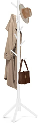 Freyawin Solid Wooden Coat Rack Freestanding, New Zealand Pine Coat Tree with 8 Hooks & 3 Adjustable Sizes for Coats, Hats, Handbags and Scarves, Space Saving for Entryway/Office/Bedroom (White)
