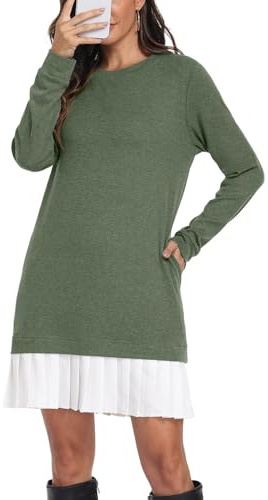 PrinStory Sweatkleid Damen Langarm Herbst Kleider Damen Rundhals Langarm Pulloverkleid Mit Taschen Elegant Warm Winterkleid (Grün, L)