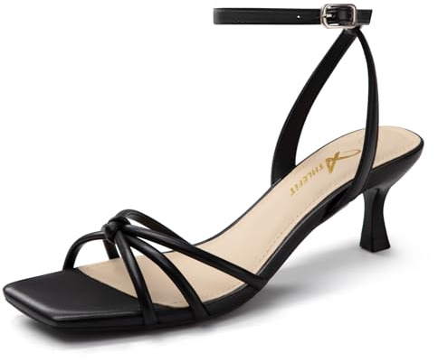 Athlefit Black Kitten Heels for Women Square Open Toe Strappy Low Heels Comfortable Dressy Ankle Strap Sandals Size 8