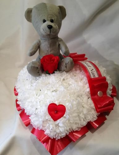 Silky Bouquets Red Themed Heart Teddy Bear Funeral Tribute – 12 Silk Flower Heart with Ribbon Edge & Bear | Personalized Memorial Tribute with Sash & Message Card