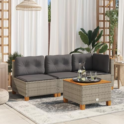 HaoChrymec Gartentisch Grau mit PE-Rattan, Akazienholz Tischplatte, Pulverbeschichteter Stahlrahmen, Wetterfest, Loungetisch Outdoor, Beistelltisch Garten, Balkon Tisch, 55x55x36 cm