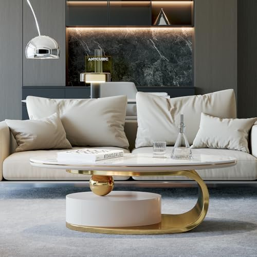 LUXCFHED 51.2'' Marble Coffee Tables for Living Room,Modern Oval Center Table with Storage Drawer,Heat & Scratch Resistant,Easy Installation,Accent Furniture for Home Decor