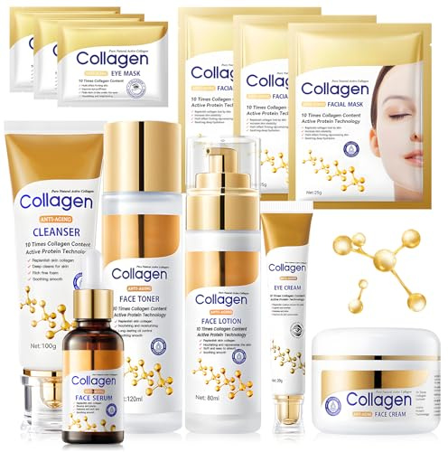 Coffrets de Soins pour la Peau, 12PCS Collagène Skincare Kit con Creme Collagene Visage, Serum Visage, Cleanser, Lotion Tonique visage, Masque Collagène, Creme Yeux, Eye Patch, Nourrir la peau