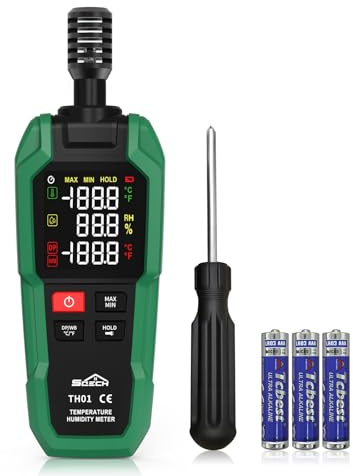 Temperature Humidity Meter, SQECH Digital Hygrometer with Ambient Thermometer,Dew Point,Wet Bulb,Flashlight,Max/Min,Data Hold,High Precision Psychrometer Monitor with Color Backlight for Home HVAC
