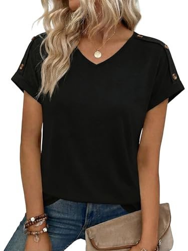 Totatuit Camiseta de Verano Mujer Manga Corta Cuello en V Unicolor Top | Cuello V, Botones, Estilo Diario, Uso Casual, Combinación Versátil
