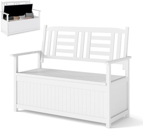 COSTWAY Panchina da Giardino con Contenitore di Legno (Bianco) | Cassapanca da Esterno 2 Posti con Schienale e Braccioli, Panca per Cortile e Ingresso, 123 x 68,5 x 96 cm