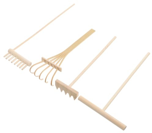 SOPOTUTU Ensemble 4 Mini Râteaux en Bois pour Jardin Zen, Kit D’Outils pour Bac à Sable, Décoration Bureau et Maison, Accessoires pour Création de Motifs Sable et Jardin de Rocaille