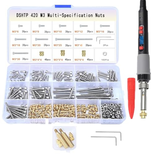 M3 Threaded Inserts Set –420Pcs Heat Set Bolts Nuts with M3 Insert Tip and 60W Digital Soldering Iron Kit, 2 Interchangeable Tips, Easy Installation for 3D Printed Parts