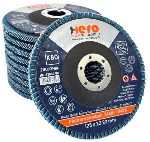 HERO 10x Fächerscheiben Set 125 mm - Korn 80 Zirkonkorund Lamellenschleifscheibe - Fächerscheibe für Edelstahl/INOX/Metall - Schruppscheibe für Winkelschleifer - Profi Zirkon Schleifmop Polieren