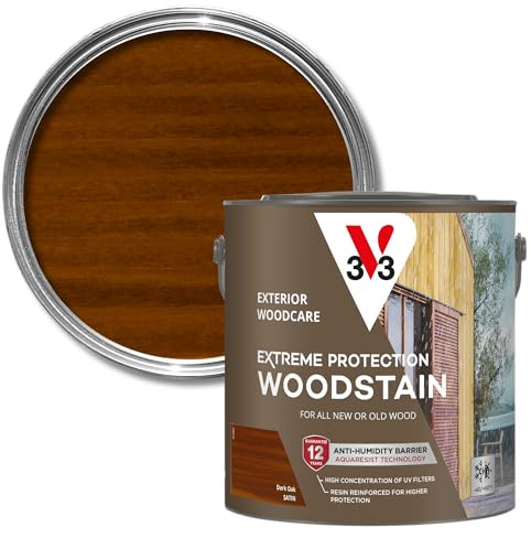 V33 Extreme Protection Woodstain for Exterior Wood, Dark Oak Satin, 2.5L | 12-year guarantee, Water-based formula, Waterproof barrier, UV resistant technology, Non-drip formula, For new & treated wood