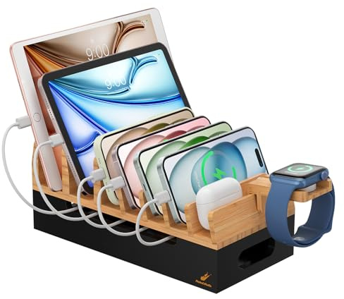 Pezin & Hulin Bamboo Charging Station with Watch Stand-Natural+Black | Docking Holder for Multi Device, Desktop Dock Stations Electronic Organizer for CellPhone, Tablet, Watch-No Charger Power