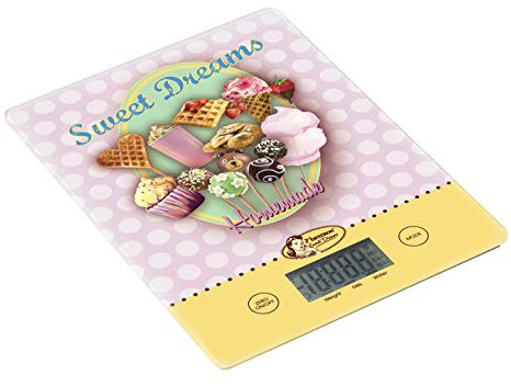 Bestron Digitale Küchenwaage mit LCD-Anzeige, Retro Design, Sweet Dreams, Tragkraft 5 kg, Präzision auf 1 g, Glas, Rosa