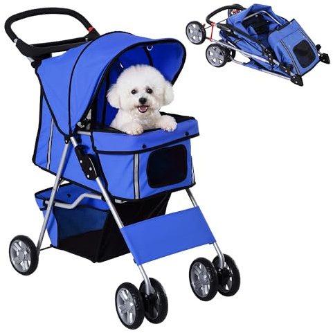 PawHut Pet Stroller for Small Dogs Cats Foldable Travel Carriage with Wheels Zipper Entry Cup Holder Storage Basket Blue