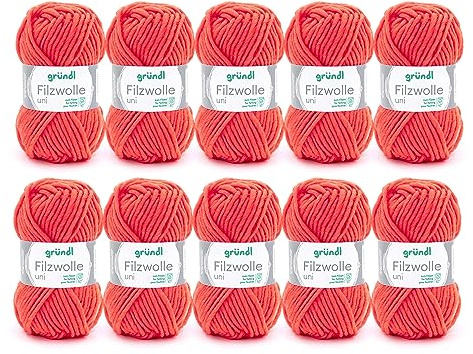 Gründl Wolle Filzwolle uni 100% Schurwolle - 10 Knäuel 50 g, Orange | Dicke Wolle zum Filzen in der Waschmaschine - Strickgarn zum Filzen - Weich und hautfreundlich - 50g/50 m - Nadelstärke 8-9