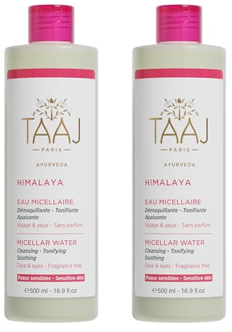 TAAJ | Eau Micellaire Hymalaya | Nettoie et Démaquille | Élimine les Impuretés | Peau Parfaitement Douce et Souple | Peaux sensibles | Fabriqué en France | Végan | Cruelty Free | 2x500ML