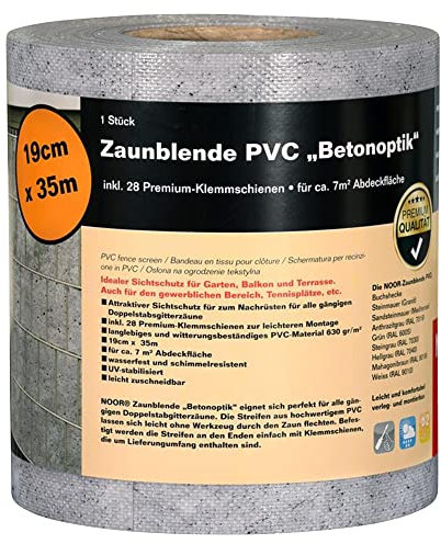 NOOR Sichtschutzstreifen PVC BLICKDICHT für Doppelstabmattenzaun - Zaunsichtschutz Rolle beton 0,19x35 m - blickdichter Wind- & Sichtschutz - Zaunblende 630 g/m² inkl. 28 Klemmschienen